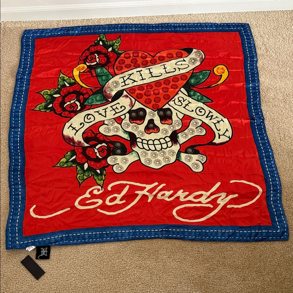 Ed Hardy Red Multicolor Skull Graphic Scarp “Love Kills Slowly”- NWT
